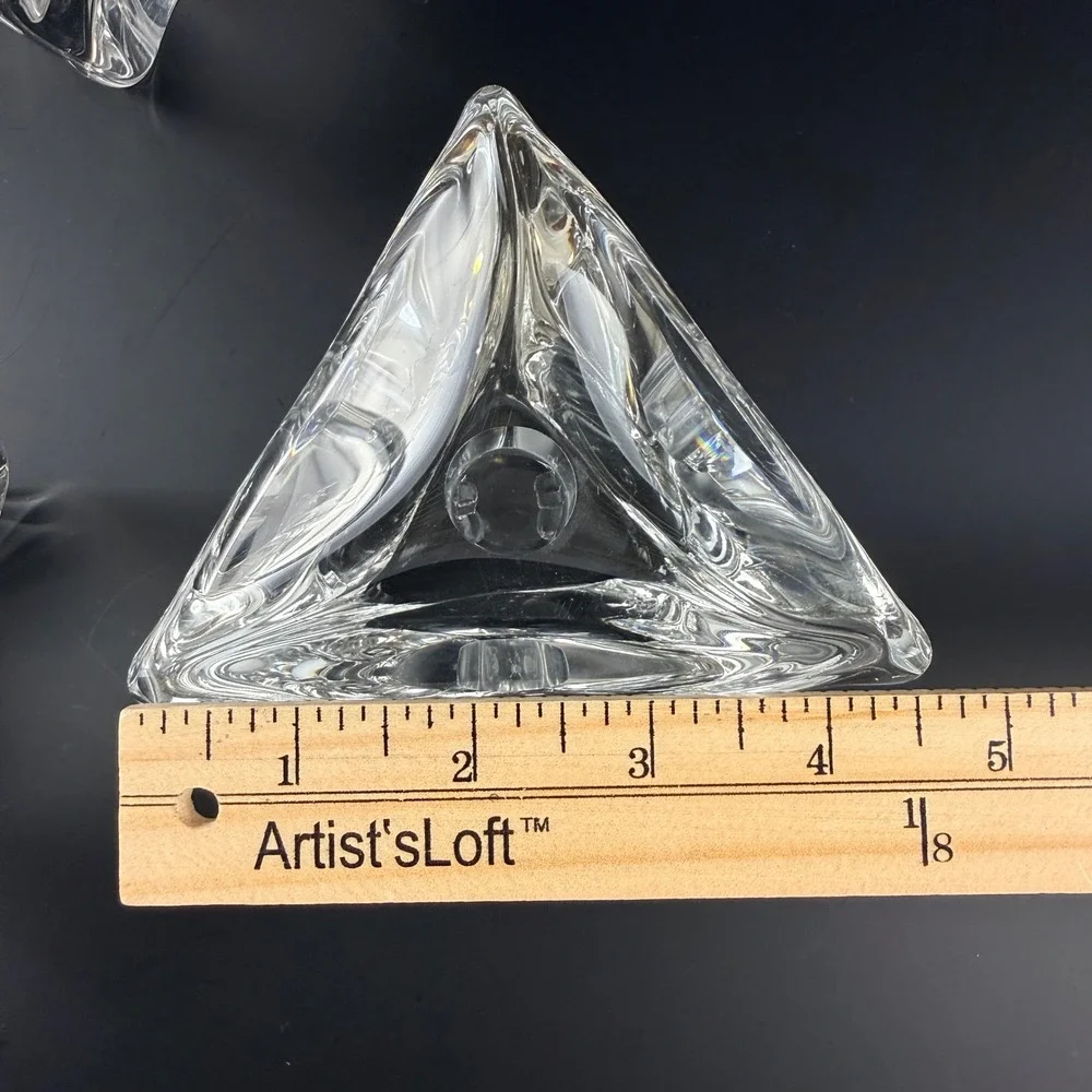 Set of 3 VTG Daum France Crystal Triangle‎ Candle Holders Signed MCM Heavy Glass